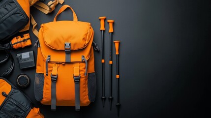 Travel backpacks, hiking poles, and maps, styled in promotional layout, nature theme