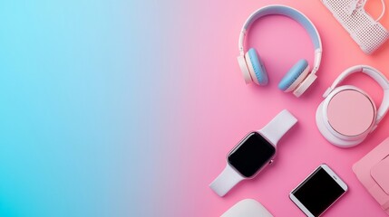 Obraz premium Vibrant sale promotion for tech gadgets, rows of headphones, smartwatches, tablets, colorful gradient background, space for sale details