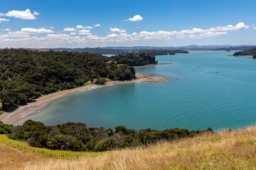 Panoramic view of a bay with numerous sailboats, lush green forest, and a sandy beach. Tranquil scene on a sunny day. Mita Bay, Warkworth, Auckland, New Zealand