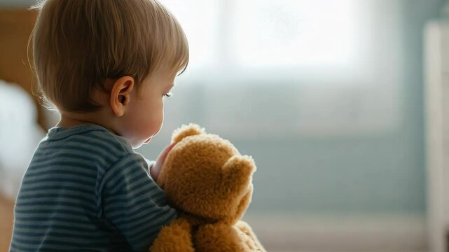 Toddler Boy Holding Teddy Bear in Soft Light Cozy Childhood Scene of Innocence and Comfort at Home in Serene Interior