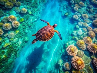 Drone View: Serene Sea Turtle in Crystal Turquoise Waters