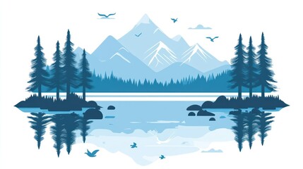 Winter lake landscape, mountains reflected, birds in sky, peaceful scene