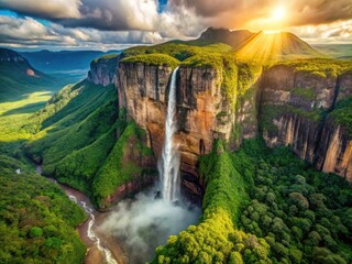 Angel Falls Aerial View: Highest Waterfall, Venezuela, Scenic Drone Shot, Breathtaking Landscape,  South America Nature