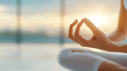 Yoga ad template, close-up of hands in a mudra gesture, soft lighting, clean space for class details, meditative and serene tone