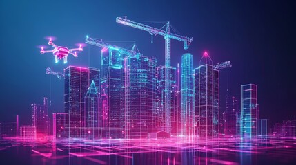 Fototapeta premium A futuristic cityscape under construction, illuminated by holographic blueprints and drones, sleek skyscrapers with unique geometries in a vibrant neon glow, 3D rendering, cyberpunk style