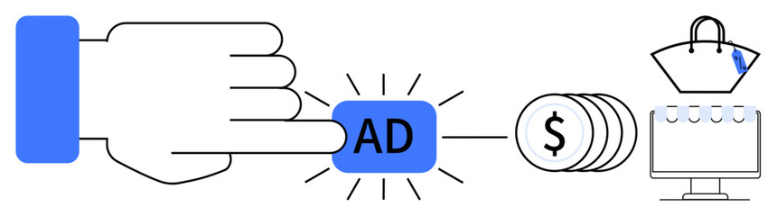 Hand pressing an AD button, leading to coins, a shopping bag, and a computer monitor. Ideal for online advertising, digital marketing, e-commerce, consumer behavior, revenue generation internet