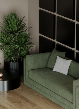 Comfy sofa in green olive color. Minimalistic interior design lounge 
