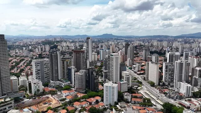 Aerial video above Parque Ibirapuera Sao Paulo on a sunny day