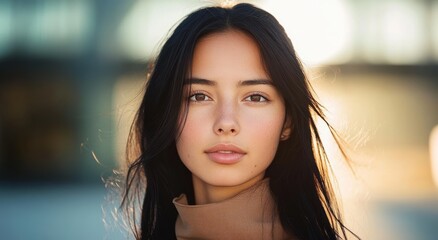 Obraz premium Portrait of Asian Woman with Long Black Hair in Sunlight Outdoor Focused on Face