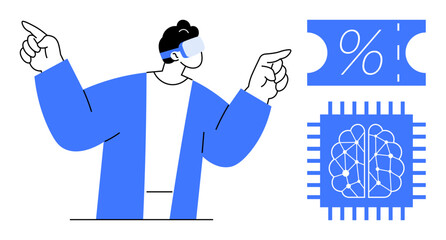 Man wearing virtual reality headset interacts with digital discount ticket and brain chip. Ideal for technology, VR, innovation, digital interaction, AI concepts, future technology, digital