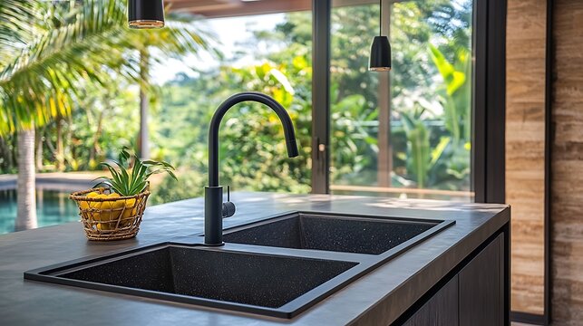 Luxury Kitchen with Tropical View: Modern Design and Serene Atmosphere