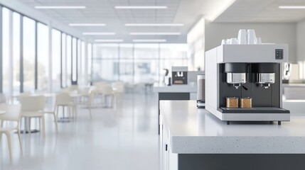 A bright office kitchen with a coffee machine, snacks, and seating areas.