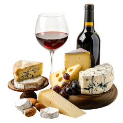A delectable assortment of cheeses paired with a bottle of red wine and a glass. Perfect for a gourmet wine and cheese tasting experience.