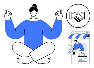 Person meditating in Lotus pose, handshake icon, and mobile online shopping. Ideal for wellness, balance, digital commerce, connection, mindfulness mobile apps user experience. Includes abstract