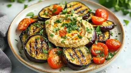Grilled Eggplant Slices with Hummus and Roasted Tomatoes
