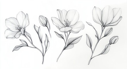 Botanical Illustration of Vanilla Orchid Flowers Buds and Leaves Detailed Hand Drawn Pencil Sketch Isolated on White Background