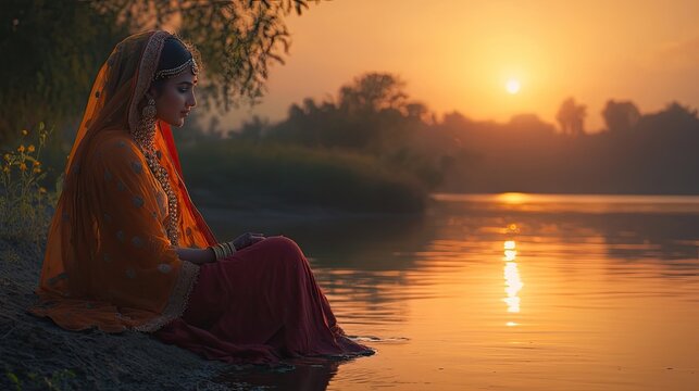 A stunning portrayal of Radha Rani sitting by a riverbank, with the reflections of the sunset creating a beautiful backdrop, enhancing her graceful demeanor.