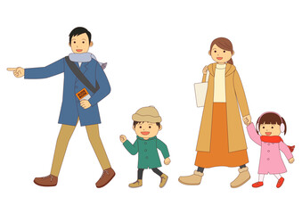 冬に観光をする4人の家族のイラストのセット_主線あり
