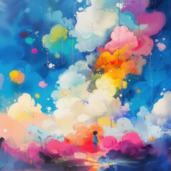 Abstract sky, cute kids scene.  Vibrant painted clouds,  joyful colors, a small figure dreams amongst the brushstrokes.  Whimsical and sweet.