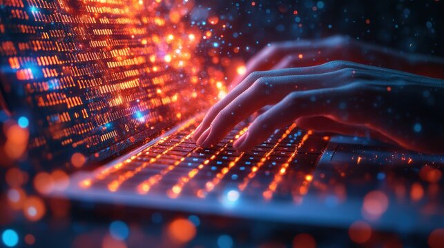 Hands of Software Engineer Typing on Laptop in Cyberpunk Style with Circuit Board Background