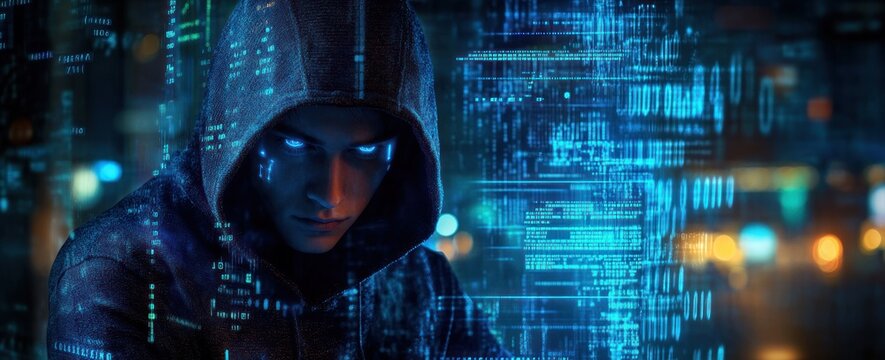 Mysterious Hacker in Cybersecurity Vulnerability Log4J Surrounded by Digital Data Streams and Neon Lights in Futuristic Server Room