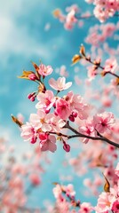  Blooming cherry blossoms against a pastel blue sky background for spring-themed nature and floral design.