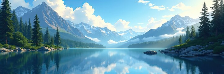 Fototapeta premium Tranquil Mountain Lake Reflecting Blue Skies and Majestic Peaks in a Peaceful Wilderness Setting