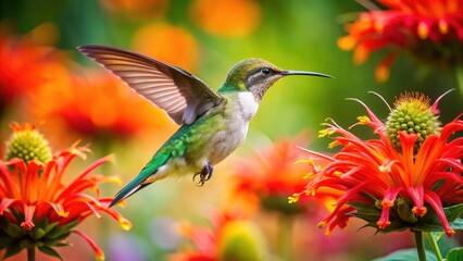 Fototapeta premium Candid Shot of Hummingbird Feeding on Vibrant Firecracker Flowers in Missouri Botanical Garden, Nature Beauty, Wildlife Photography, Colorful Blooms, Summer Vibes, Botanical Wonders