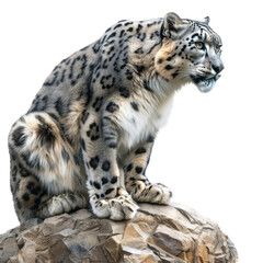 Obraz premium Close-up of a snow leopard sitting on a rocky outcrop, showcasing its thick fur and spotted coat against a white background.