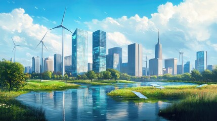 Obraz premium A futuristic urban area powered by visible renewable energy sources.