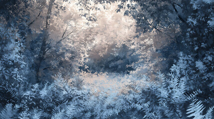 A dense thicket of brambles and ferns surrounds a hidden clearing in a mystical forest landscape, wetleafs, forestland. Frostglint. Illustration