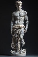 Fototapeta premium Classical marble statue of a man adorned with intricate tattoos. 