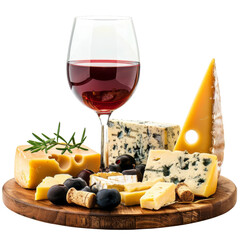 Elegant cheese platter with assorted cheeses, black olives, and a glass of red wine on a wooden table, perfect for wine and cheese lovers.
