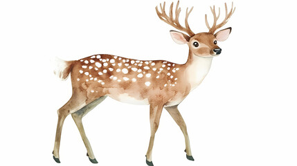 Obraz premium A happy-go-lucky deer cartoon, animal character, watercolor illustration, forest green tones, isolated on white background. Frostglint. Illustration