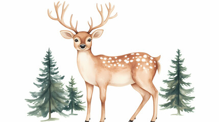 A happy-go-lucky deer cartoon, animal character, watercolor illustration, forest green tones, isolated on white background. Frostglint. Illustration