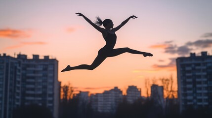 Dancer leaps gracefully against a colorful sunset urban skyline in the evening. Generative AI