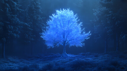 Fototapeta premium A solitary glowing tree stands vibrant amidst a dark, misty forest, symbolizing hope and resilience in nature. Frostglint. Illustration