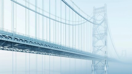 Fototapeta premium Suspension bridge blueprint morphs into 3D. Detailed engineering, architectural visualization. High-precision design coming to life. Misty atmosphere adds drama.