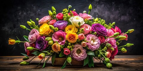 Elegant Eustoma Bouquet with Boxwood & Branches - Panoramic Black Background Stock Photo