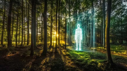 Digital figure stands in a sunlit forest releasing a magical and futuristic aura during evening hours. Generative AI