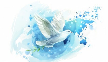 Obraz premium A graceful dove, carrying an olive branch, soars above a soft blue world map. Gentle brushstrokes and pastel hues depict unity and peace for World Peace Day. A symbol of hope.