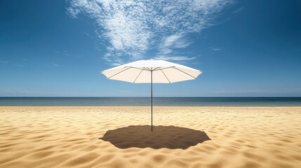 Fototapeta premium Sunny beach view with a white umbrella casting a shadow on golden sand under a clear blue sky. Generative AI