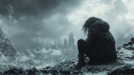 Obraz premium Lonely figure on a snowy mountain overlooking a dystopian city under dark, stormy skies. Generative AI