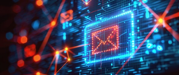 Futuristic grid displays email alert.  A large red exclamation mark and email icons flash on a mobile interface.  Security notification emphasized. Urgent message.