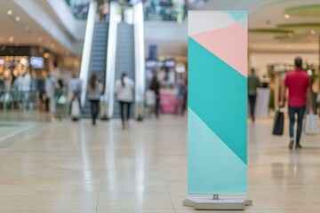  Trade show banner mockup in shopping mall with modern geometric design and blurred background for advertising