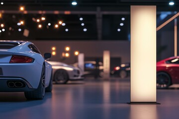  Mockup of illuminated banner at car trade show with luxury vehicles in background, perfect for advertising display