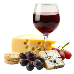 Red wine with various cheeses, grapes, and crackers arranged on white background, perfect for gourmet and culinary themes.