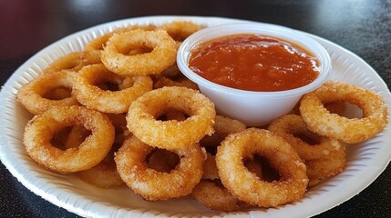 Naklejka premium A platter of fried calamari rings served with a zesty marinara dipping sauce.