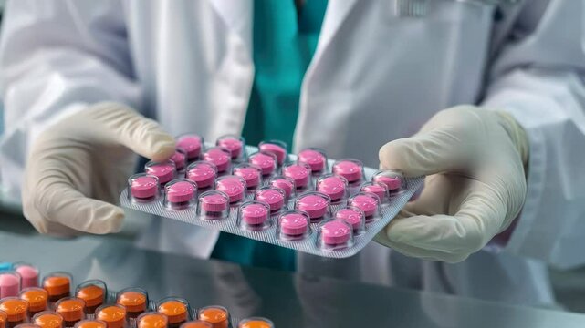 Pharmaceutical professional in laboratory showcasing pink medication capsules on tray, emphasizing healthcare precision and safety in medication management with gloves.