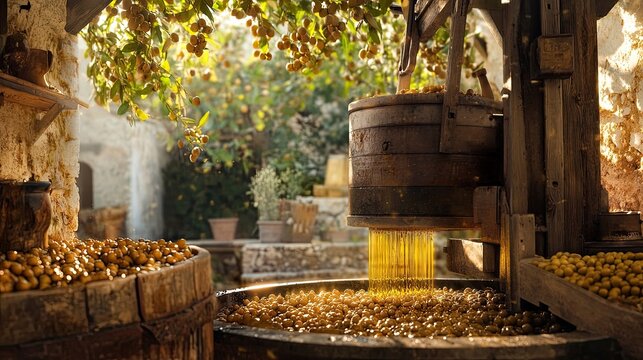 A scenic view of a rustic olive press in action, with fresh olives being crushed and oil flowing, highlighting traditional methods.